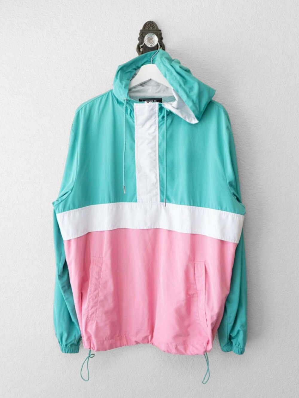 Forever 21 Windbreaker Womens L Pink Turquoise Colorblock Hooded Jacket Y2K